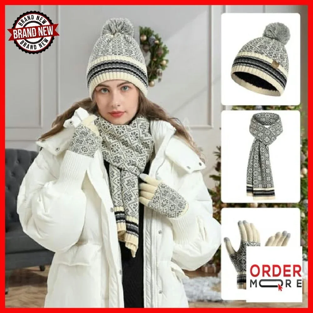 Fleece Lined Winter Beanie Scarf Gloves Set Touchscreen Thermal